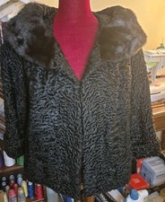 Vintage 1950s Black Persian Lamb Jacket Brown Mink Fur Collar Short Coat Size M
