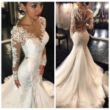 Lace Mermaid Wedding Dress African Arabic See Through Bride Gowns Long Sleeves