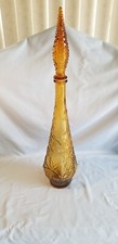 1960 Italian Empoli Amber Bubble Glass Genie Bottle Decanter 22  tall w/Stopper