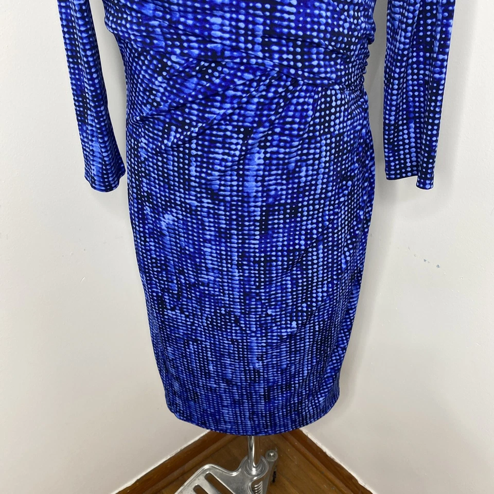 Ralph Lauren Dress Royal Blue Sz 12 Ruched Side V Neck Wiggle Midi 3/4 Wrap Look - Image 3 of 4