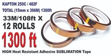 12-RLL KAPTON HIGH TEMPERTURE Heat Resistant Sublimation Tape 15mm x396M /1300ft