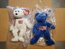 7066----Pair of 9/11 Patriotic Bears Ty Beanie Team Beans - God Bless America
