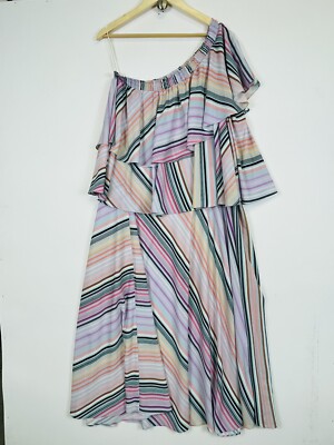 NEW Guapa One Shoulder Dress Women XL Rainbow Stripe Resort Chic Boho Tropical