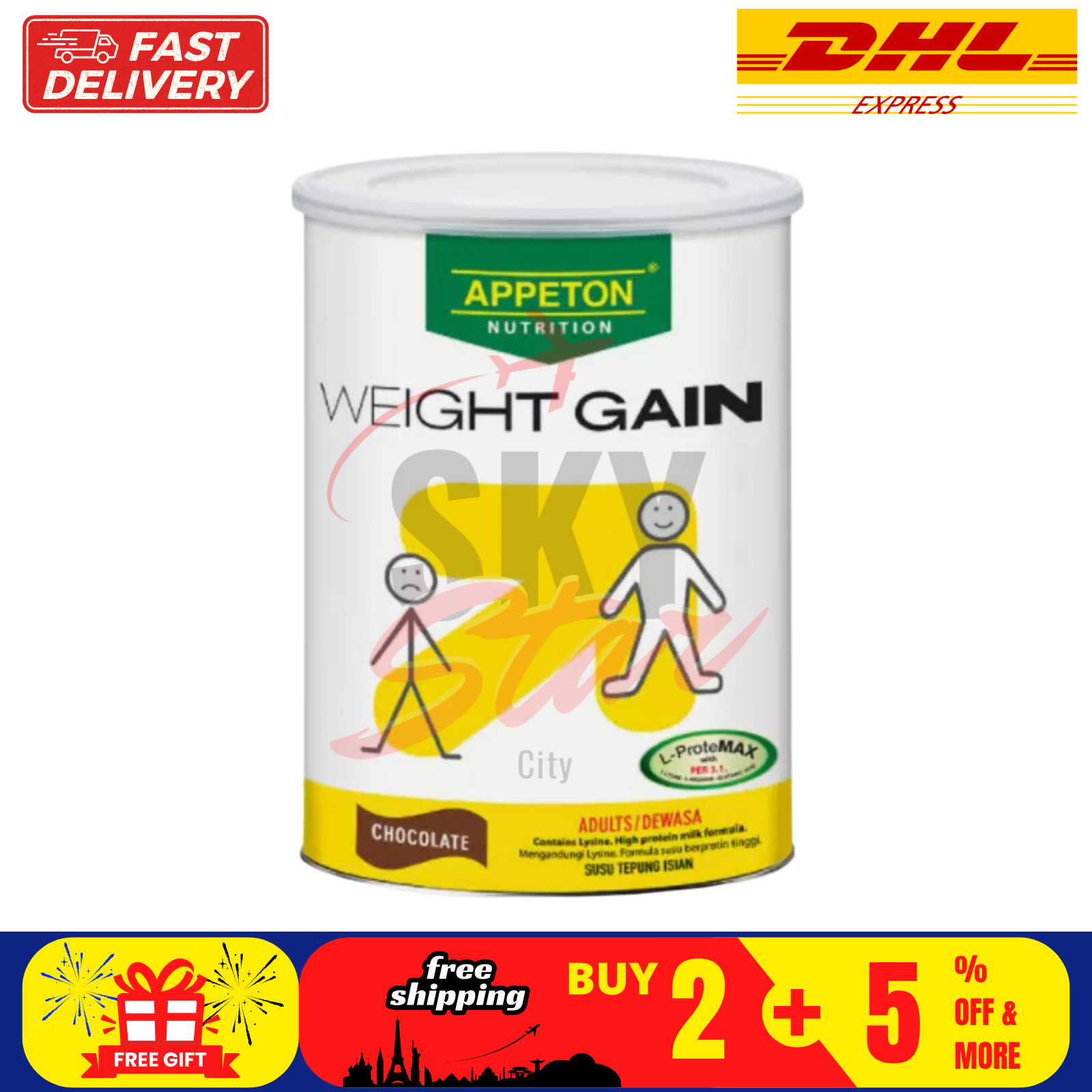 1 lata X APPETON aumento de peso para adultos chocolate alto en proteínas 450 g DHL EXPRESS