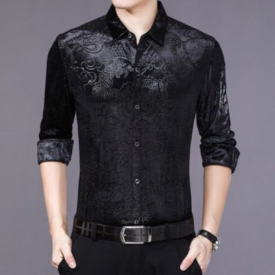 KISSQIQI Men's Velvet Long Sleeve Dress Shirt - Slim Fit Button Down, Solid Colors, For Wedding, Party, Or Casual Wear