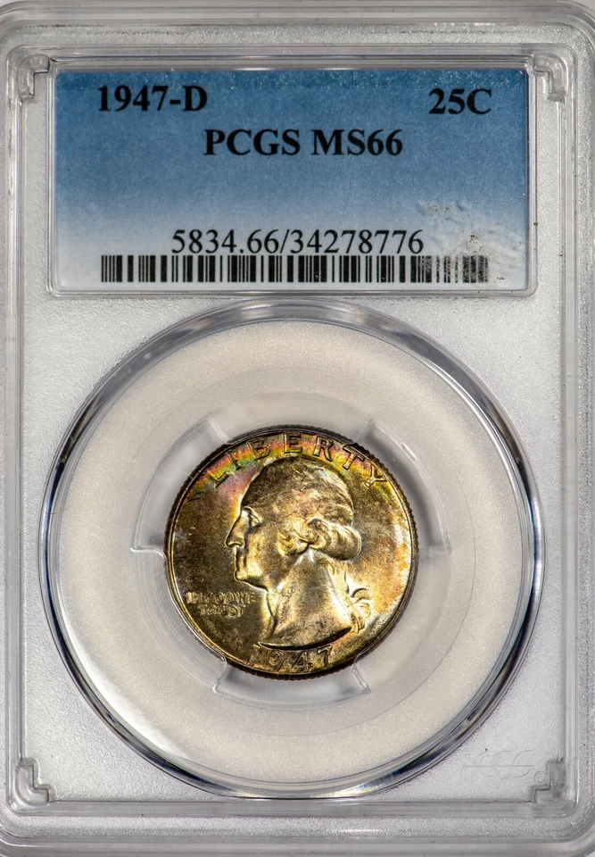 1947-D 25C Washington Quarter PCGS MS66 Rainbow Rim-Toned Gem! - Image 3 of 4