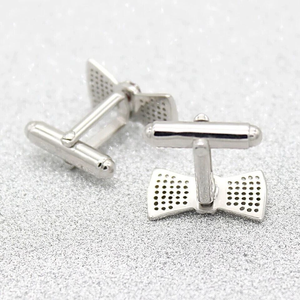 Gemelos de boda para hombre con nudo de arco enchapados en oro blanco de 14 quilates rubí redondo creado en laboratorio Foto 3 de 4