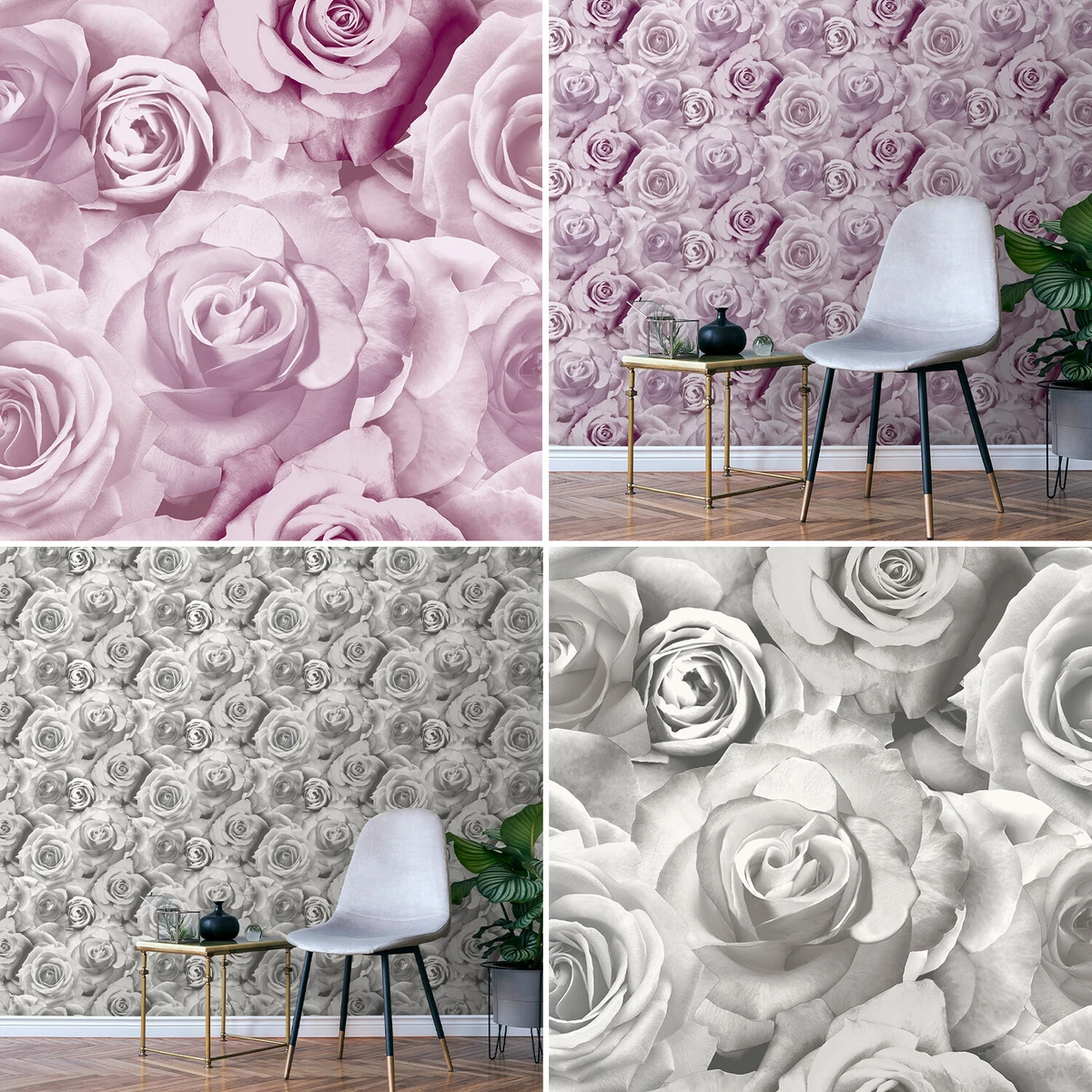 Glamour Wallpaper Floral Flower Rose Pink Grey Lilac Blush Silver Soft Light 3D