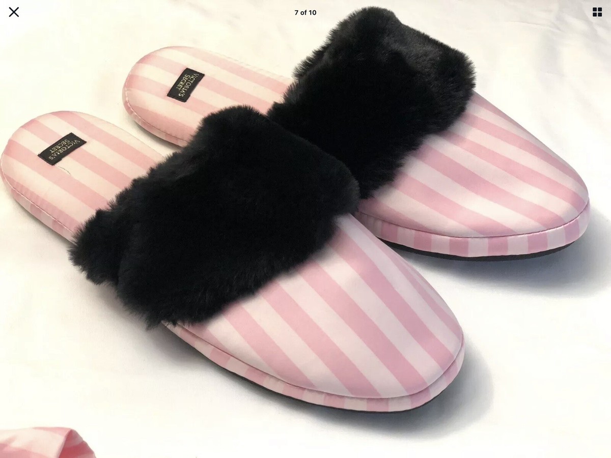 Victoria Secret Slippers Large 9 10 Pink White Hearts Satin Warm Fuzzy Fur Trim