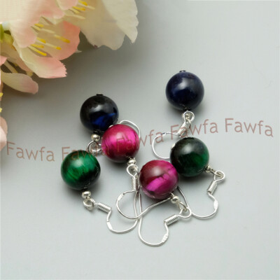8/10/12mm Multicolor Tigers Eye Round Gems Beads Dangle Silver Hook Earrings 	