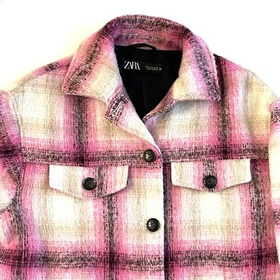 ZARA Jacket Overshirt Women's SIZE SMALL Pink White Plaid Check