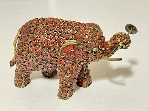 Vintage Tibetan Brass Elephant Filigree Turquoise and Coral  4.5 X 3.5 Inch