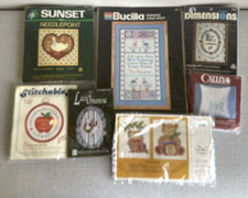 New Lot Of 7 Vtg Needle Point And Crosstitch Craft Kits . 1 Open But Not Used 