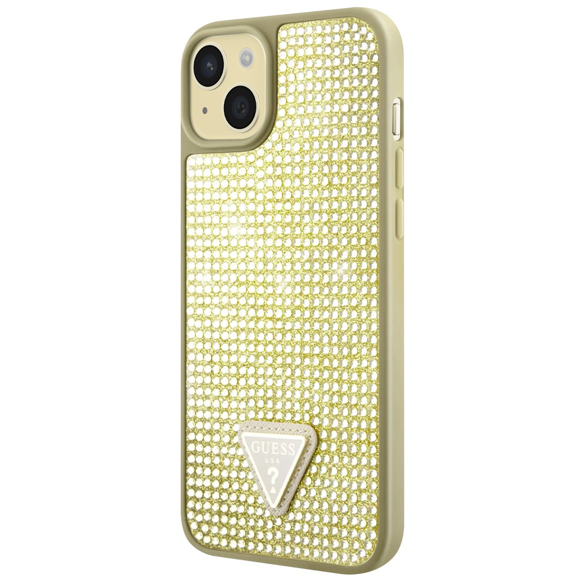 Coque iPhone 15 Guess Triangle Diamond finition luxe or et strass