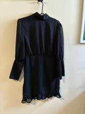 SHEIN Black Sheer Chiffon Mini Dress Bell Sleeve High Neck Ruffle Size S