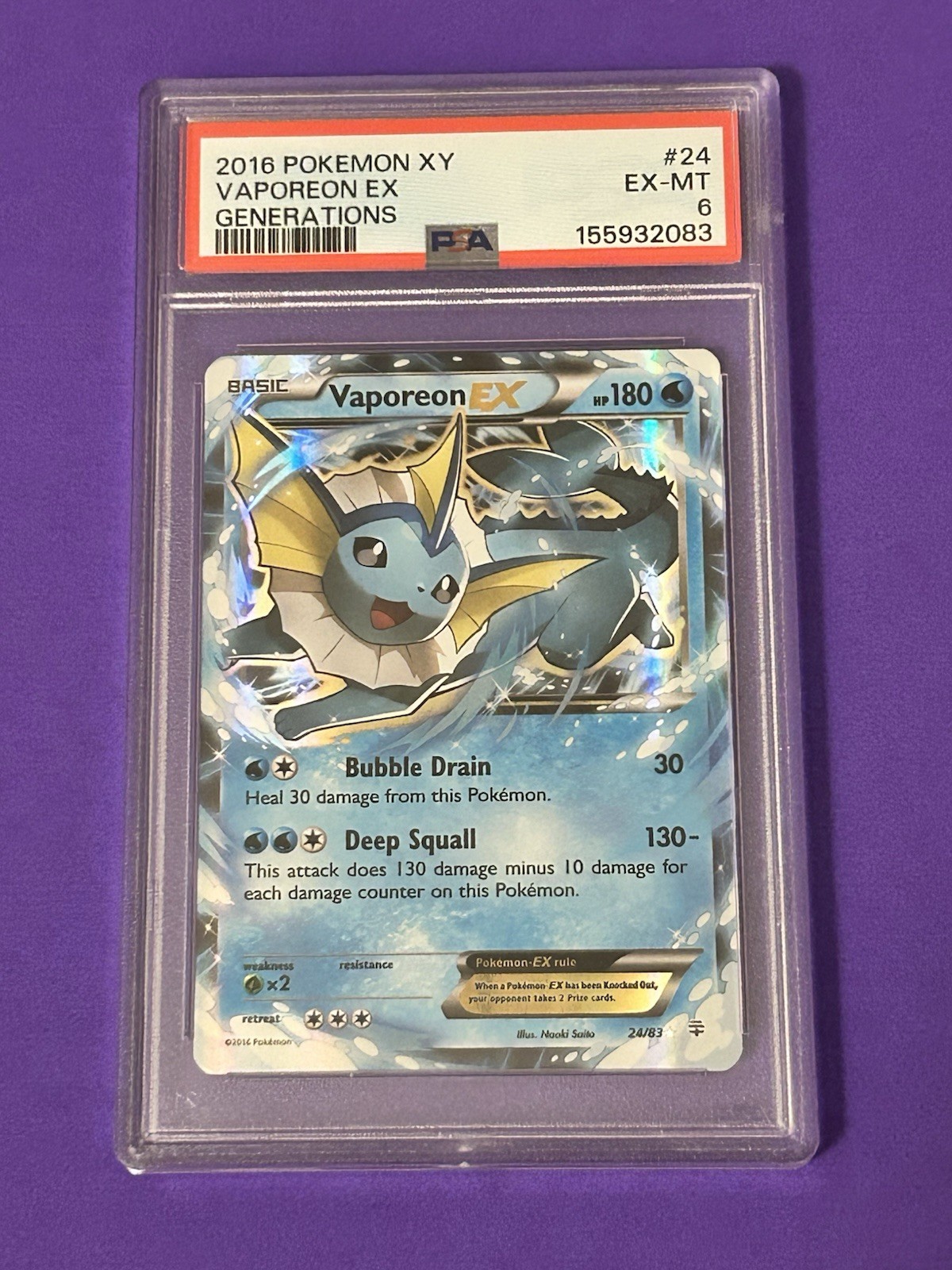 2016 POKEMON XY VAPOREON EX GENERATIONS #24 PSA 6 RARE