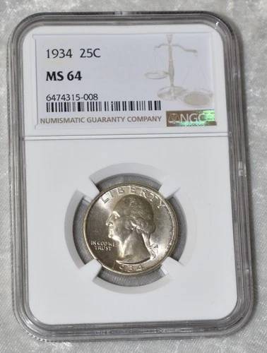 1934 P WASHINGTON QUARTER 90% SILVER NGC MS 64 MS64 PHILADELPHIA MINT 25¢ COIN