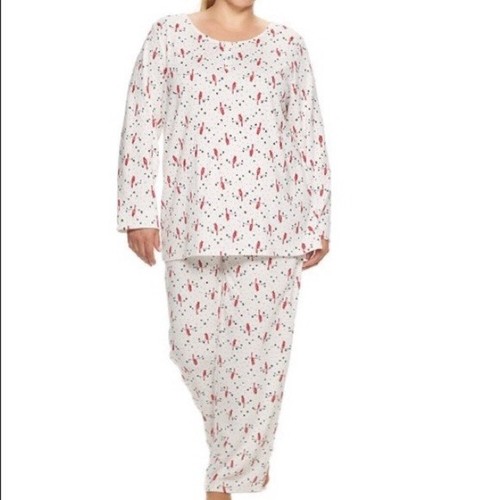 CROFT & BARROW IVORY RED CARDINAL BIRD FLORAL VELOUR PAJAMAS LONG COLLAR XS - Picture 3 of 5