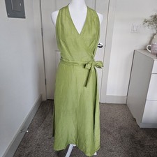 TALBOTS Petites Dress 6 Green Linen Silk Blend Halter Wrap Midi Fit Tie Waist
