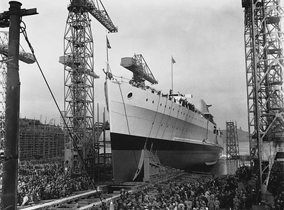The launch of HMS Belfast at Harland & Wolff's shipyard at Belfast- Old Photo