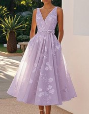Women Sleeveless V Neck Floral Print High Waist Midi Party Evening Dress！