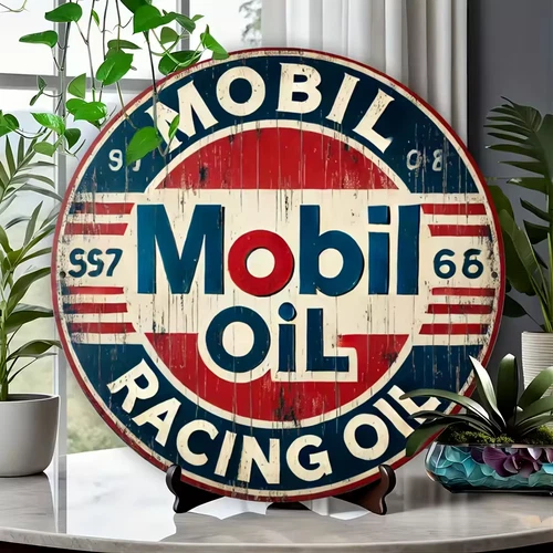 2D Flat "Mobil Racing Oil" Vintage Round Metal Tin Sign - Retro Automotive Gas