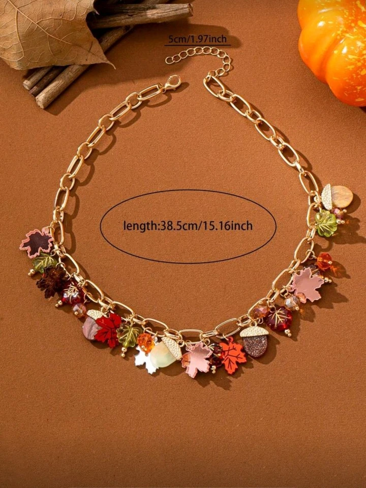 Hermoso Collar Hoja de Arce y Bellota Tono Dorado, Ligero, Otoño-Otoño Foto 3 de 3