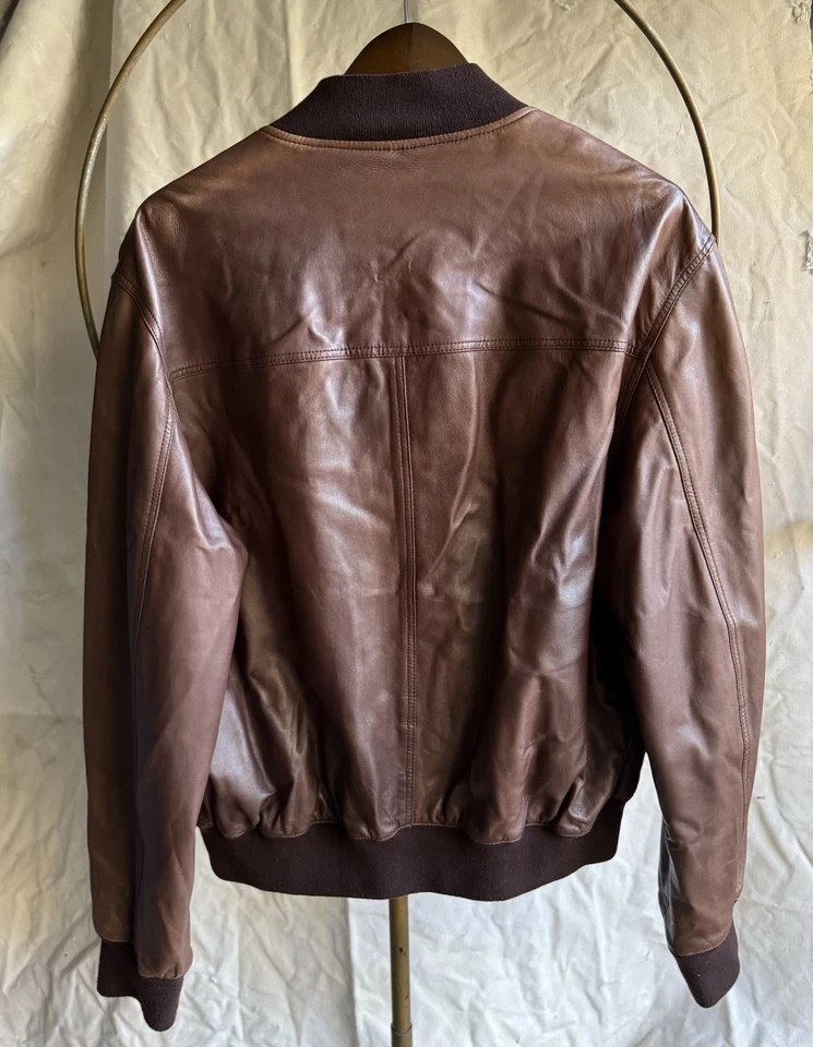 LUIGI BORRELLI Brown Leather Coat Jacket Bomber Sz 58 XXL - Image 4 of 4
