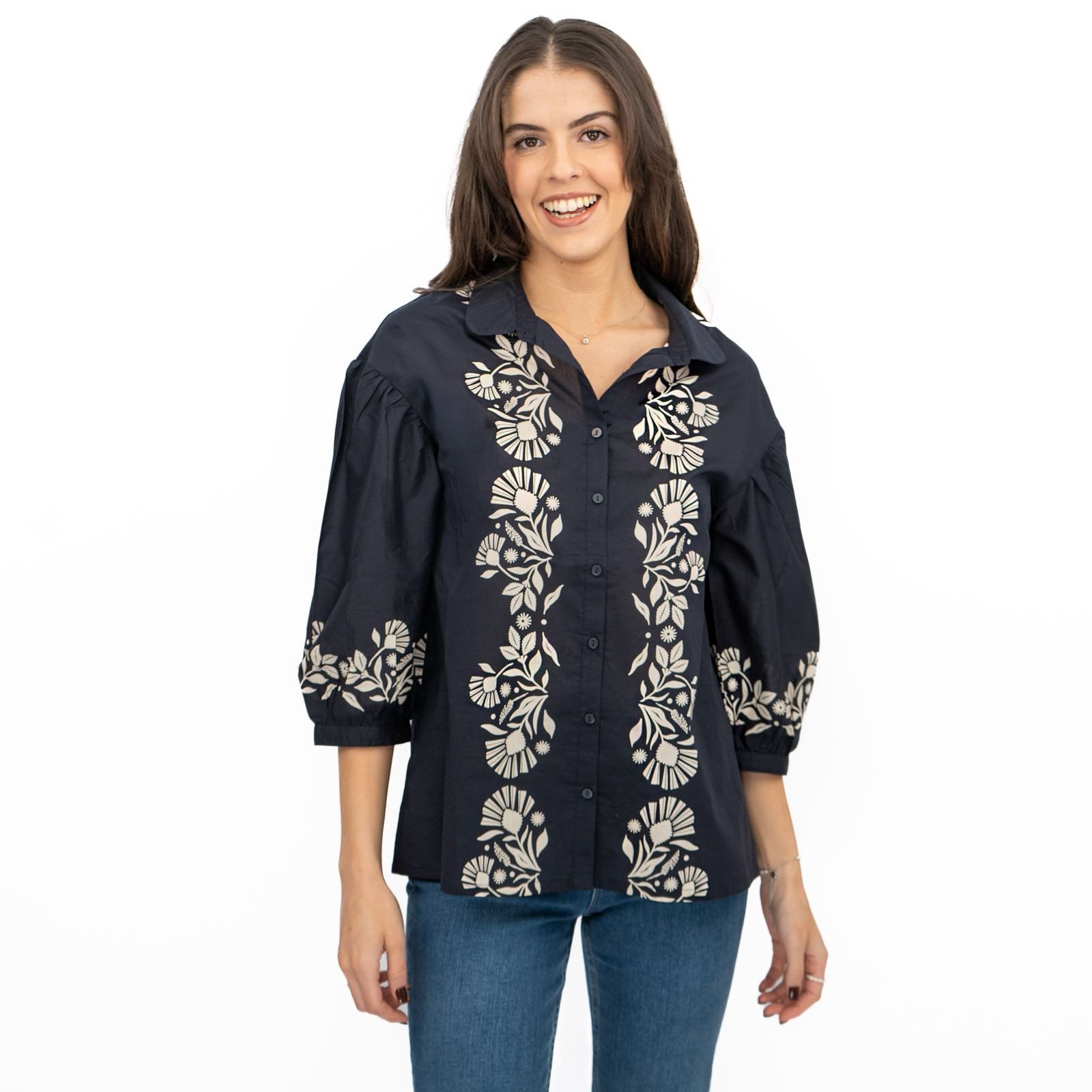 Womens Seasalt Navy Top Swan Creek Blouse Shirt Floral 3/4 Sleeve RRP £55.95