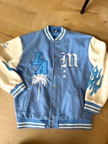 boohooMAN Men's XS Blue/White Varsity Jacket Snap Front Embroidered Logo Pockets - product listing photo