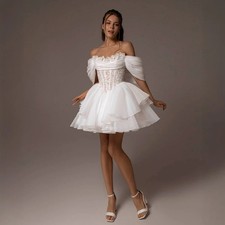 White Princess Puff Wedding Dress Sleeve Ruffled Tulle Bridal Gown Lace Corset