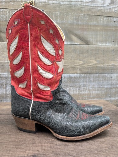 Justin Retro Distressed Black Red White Cowgirl Cowboy Boots Women's sz 7.5 B