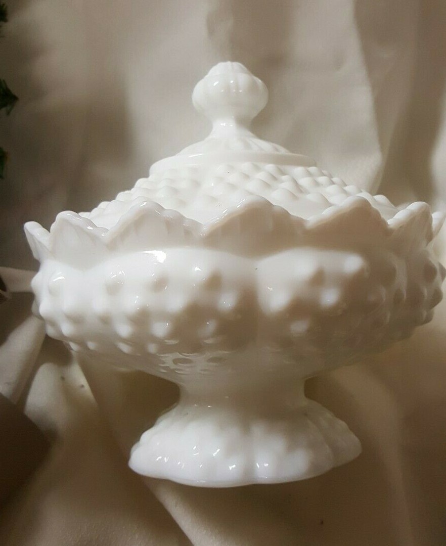 Vintage Fenton White Hobnail Milk Glass Covered Pedestal Candy