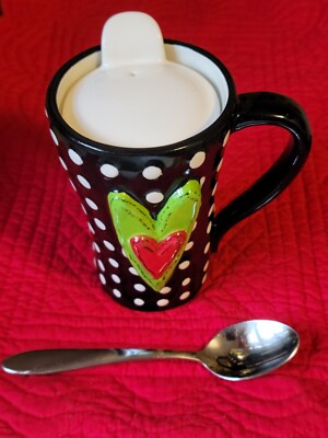 NEW, Ceramic Travel Coffee Mug, (hearts & dots)   Great Gift for self/anyone!