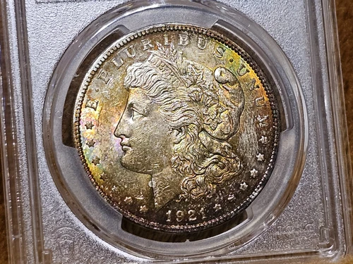 1921 P Morgan Silver Dollar PCGS MS64 Beautiful Rainbow Toning