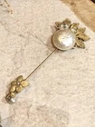 33. Rare Miriam Haskell Gold tone Floral Faux Pearl Stick pin brooch 2 3/4"