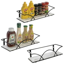 Wall Mounted Black Metal and White Washed Wood Kitchen Spice Racks, 3 Piece Set
