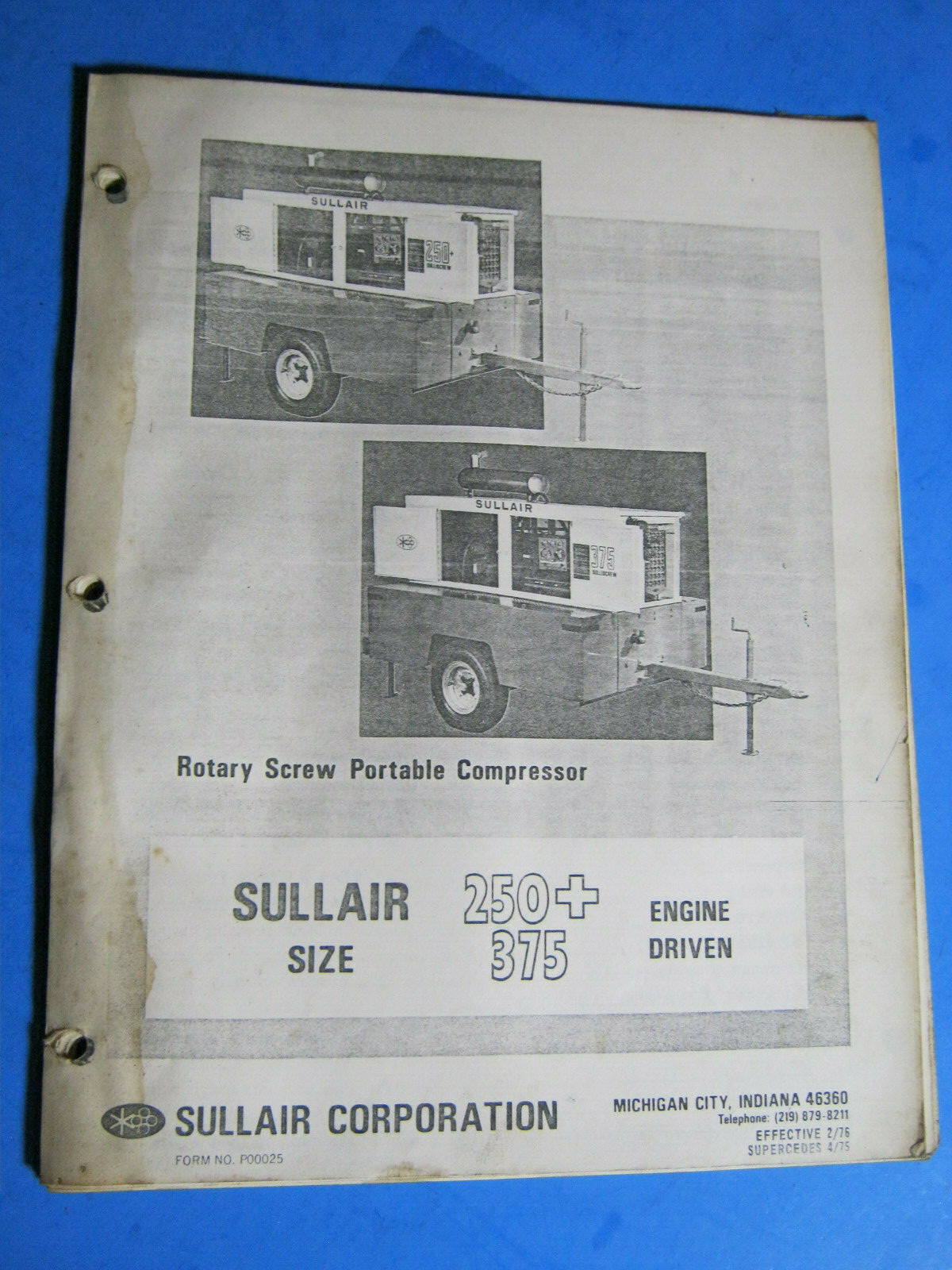 SULLAIR AIR COMPRESSOR OPERATOR'S MANUAL & PARTS LIST 250 375 1976 | eBay