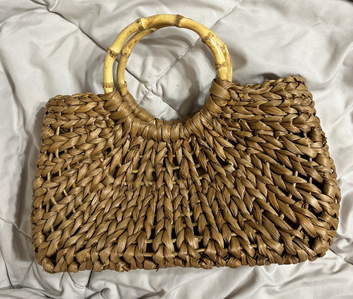 Summer Woven Straw Tote Beach Bag BOHO Purse Wooden Rattan Handles