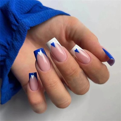 Ewku French Nägel Kurz Quadratisch – 24 Stück Mit Kleber & Feile – Herz-Design, Acryl, Volle Abdeckung