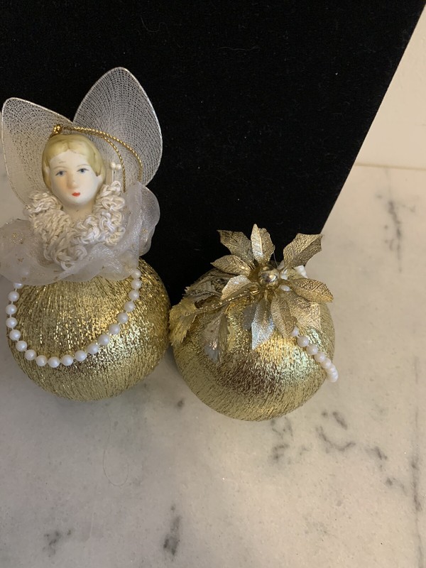 Two Gold Thread Styrofoam Ball Ornaments one with Angle Head & Wings