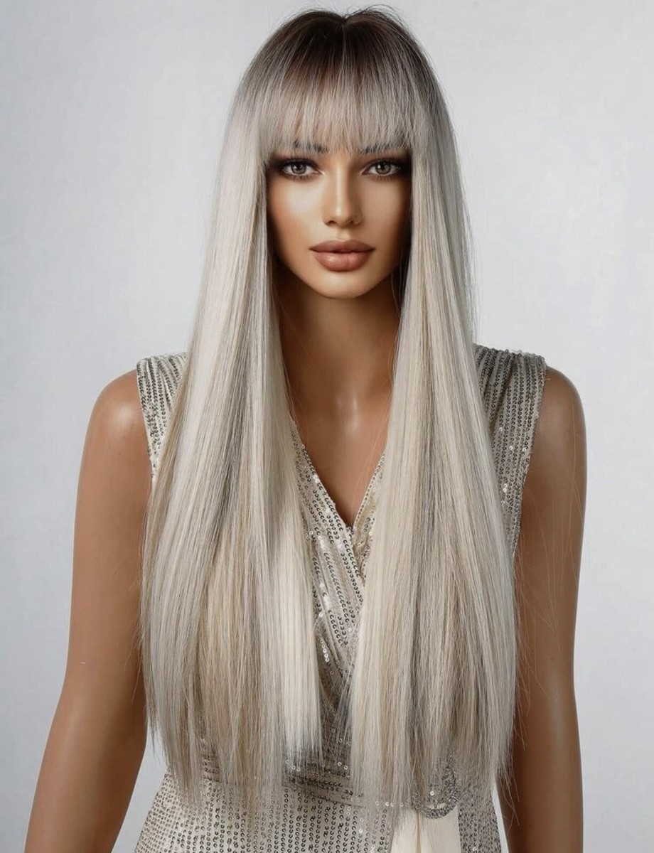 Perruque Synthétique Longue Blonde Dorée Avec Frange - Lisse Et Droite - Taille Moyenne - Neuf + 4 Bonnets Offerts