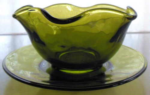 Indiana Glass Olive Green 2 piece Mayonnaise Condiment Sauce Bowl & Saucer Set - Picture 11 of 11
