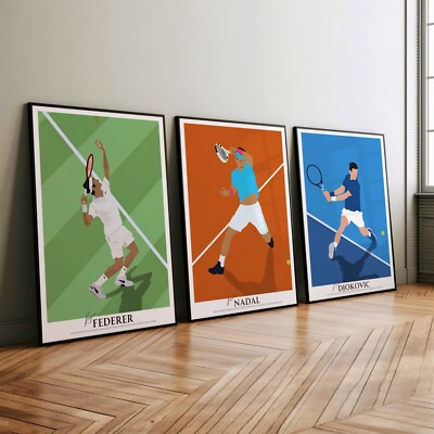Tennisposter gerahmt 3er Set Wandkunst, Nadal Federer Djokovic, Tennisgeschenk 2024