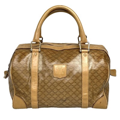 AUTHENTIC CELINE BOSTON HANDBAG Macadam Pattern PVC Brown Good Used Condition 
