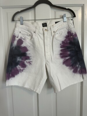 Edwin NWT Cai High-Rise Tie-Dye Denim Bermuda Shorts 7'' Inseam in Sunset Size 28