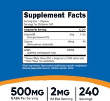 GABA Gamma Aminobutyric Acid  Vitamin B6, 500Mg per Serving, 240 Capsules