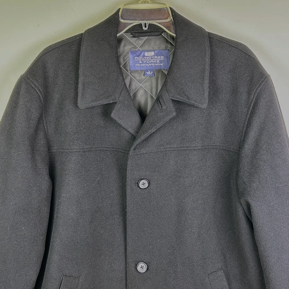 Roundtree & Yorke Men's Wool Overcoat Jacket Collared Button Front Coat Black L - Image 2 of 4