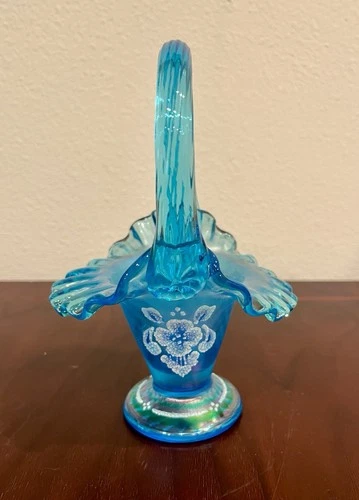 Fenton 90TH Anniversary Hand Painted Celeste Blue Stretch Mini Basket Signed
