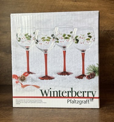 WINTERBERRY Pfaltzgraff Wine Glasses Goblets Etched & Hand Painted New in Box